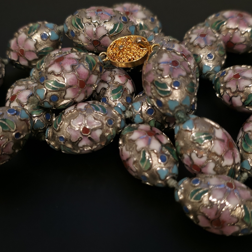 Vintage Chinese Cloissone Oval Beaded Floral Choker Necklace Stamped - Picture 4 of 12